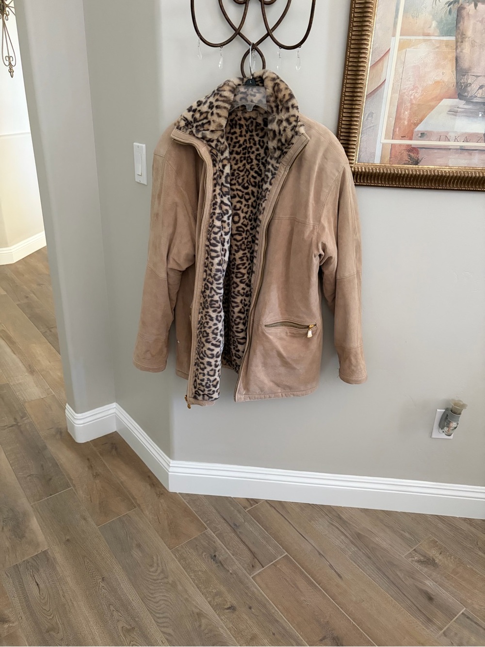 Women's Taupe Suede Jacket with Leopard Faux-Fur Lining